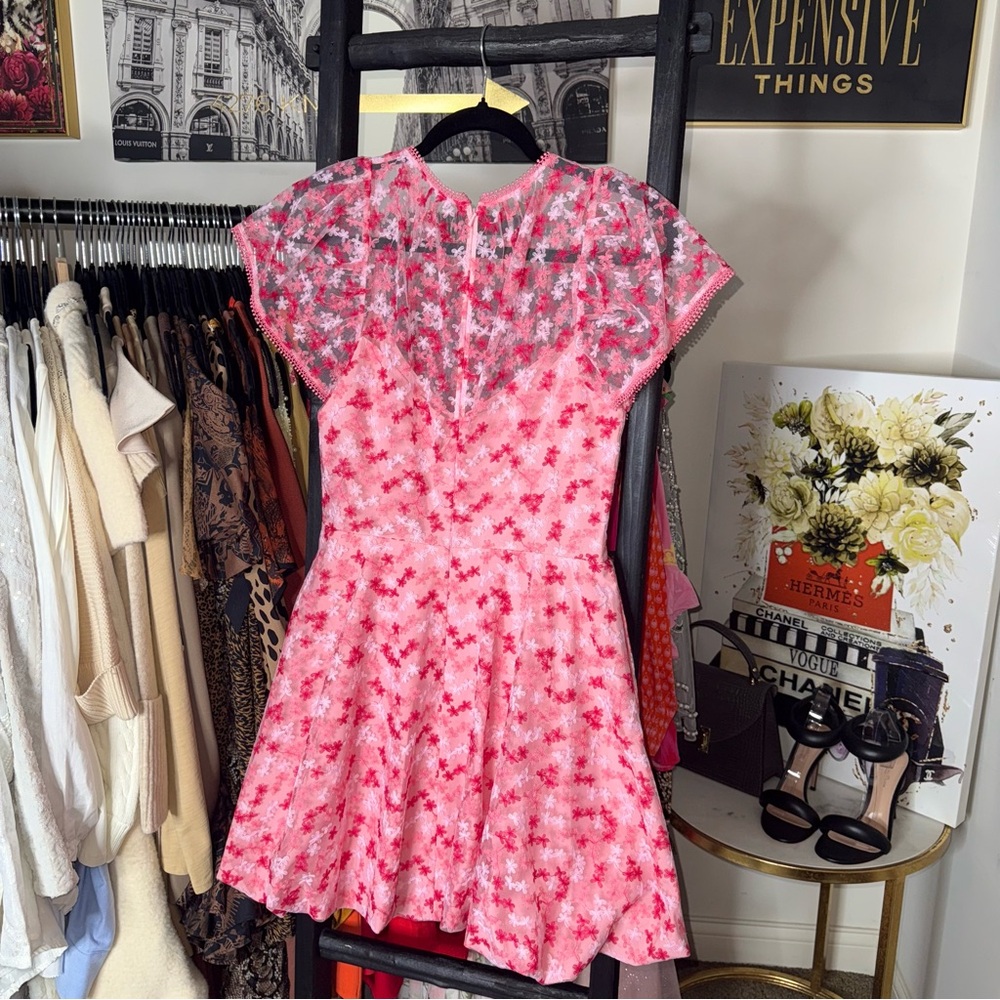 ML Monique Lhuillier Gathered Embroidered Tulle Mini Dress Pink Floral Fit Flare - Picture 10 of 15